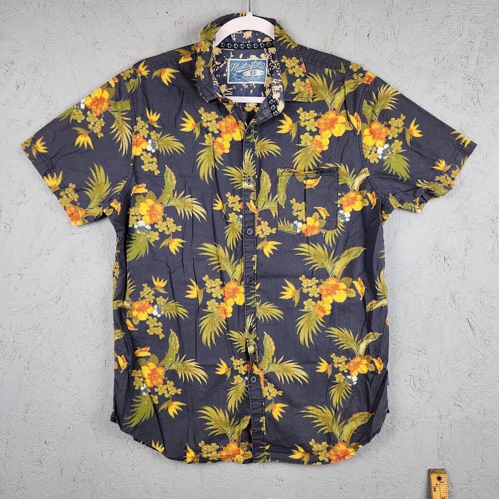 Vintage Huntington Beach Club Shirt Mens Large Blue Hawaiian Aloha Floral Pocket